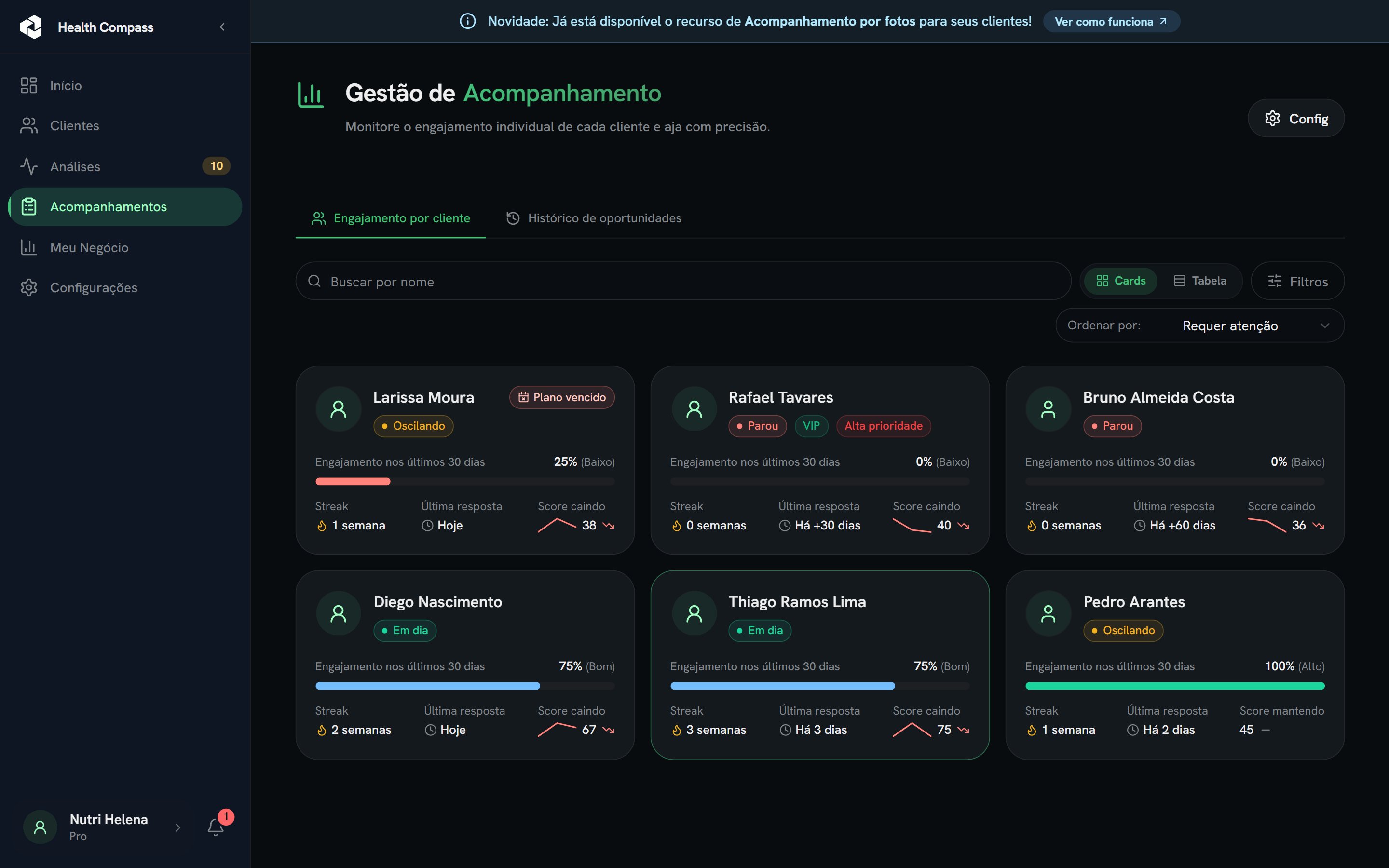 Painel Health Compass, tela Acompanhamentos