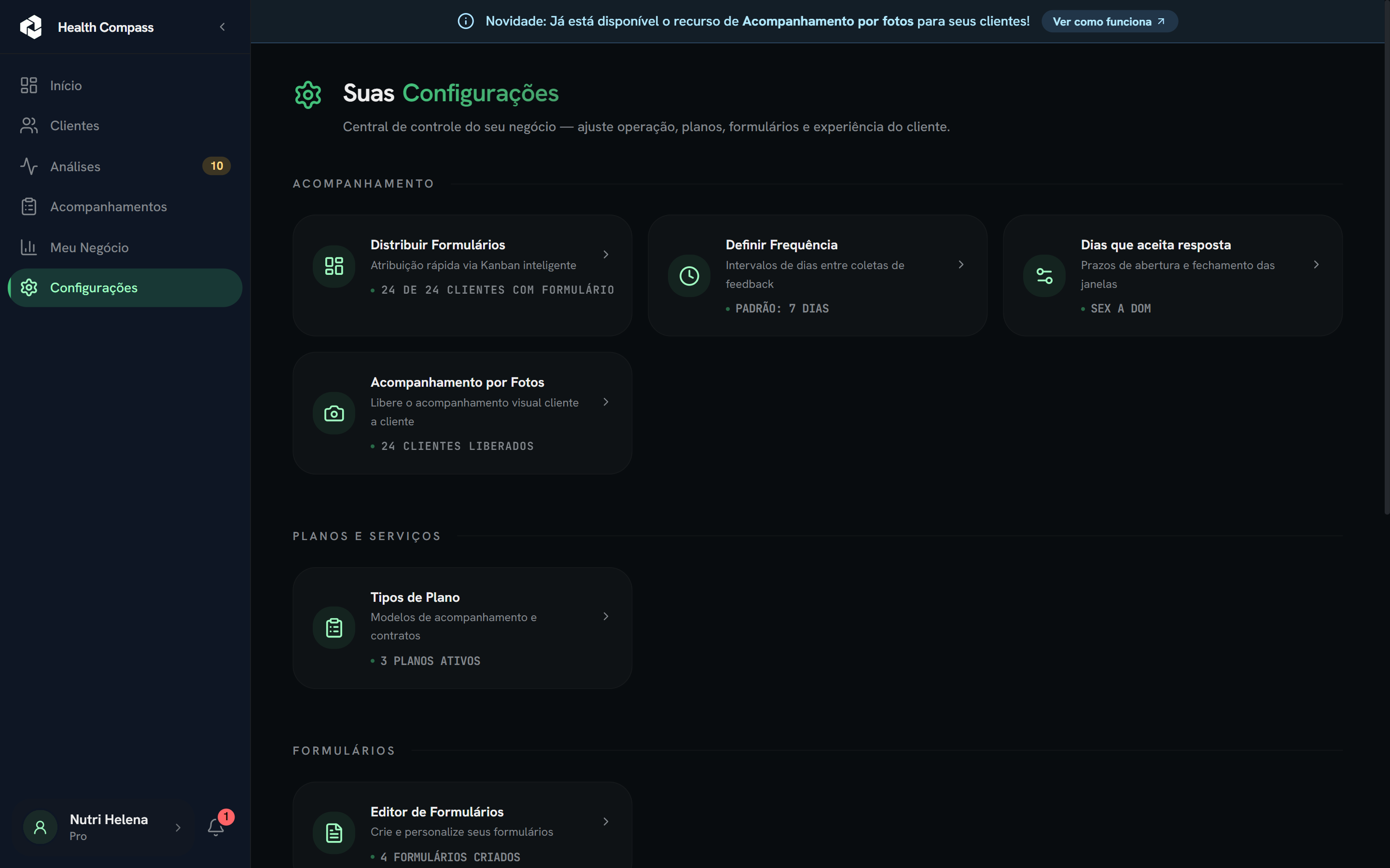 Painel Health Compass, tela Configurações
